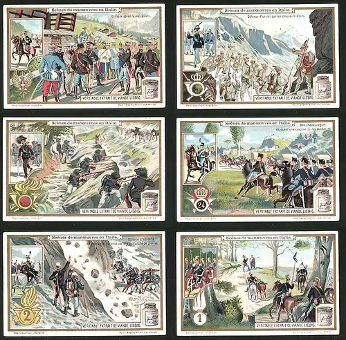 6 Sammelbilder Liebig, Serie Nr.: 1045, Scenes de maneuvres en Italie, Bersaglieri, Alpenjäger, Generalstab, Artillerie