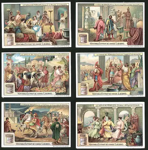 6 Sammelbilder Liebig, Serie Nr.: 1029, Le Siecle Des Pericles, Statue der Minerva, Banquet d'Aspasie, Szenen der Antike
