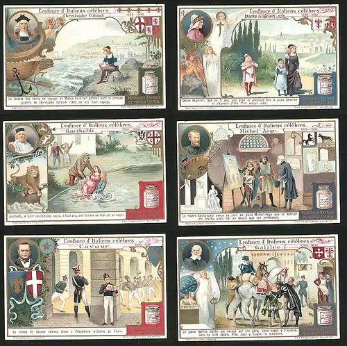 6 Sammelbilder Liebig, Serie Nr.: 1044, L'enfance d'Italiens celebres, Galileo, Cavour, Garibaldi, Michelangelo
