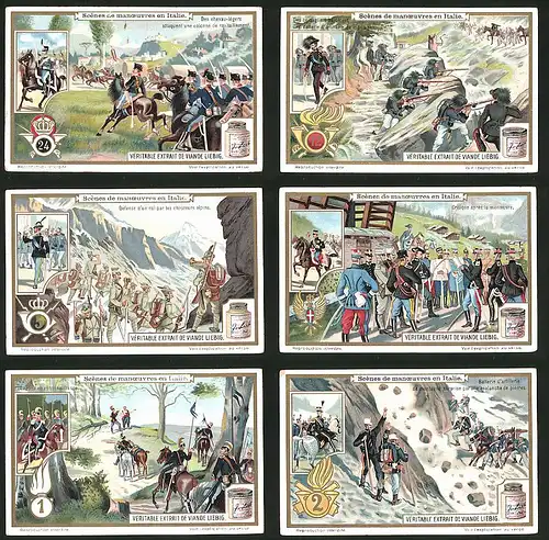 6 Sammelbilder Liebig, Serie Nr.: 1045, Scene de maneuvre en Italie, Artillerie, Generalstab, Bersaglieri, Alpenjäger