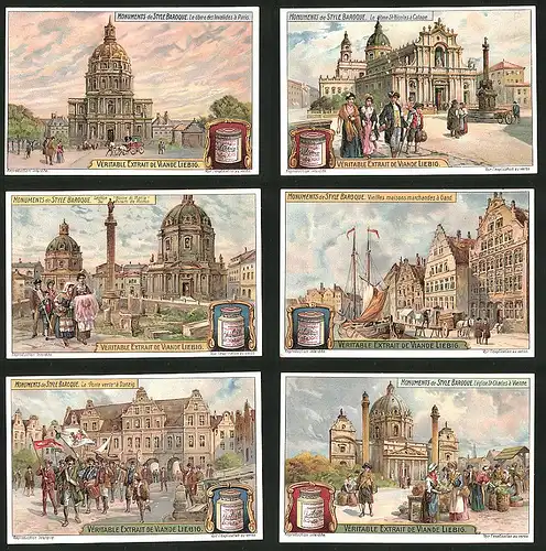 6 Sammelbilder Liebig, Serie Nr.: 1074, Monuments de Style Baroque, Gebäude in Danzig, Wien, Gand