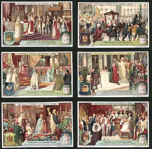 6 Sammelbilder Liebig, Serie Nr.: 1071, Couronnes et Couronnements, Krönung Victoria von England, Krönung Karl der Grosse
