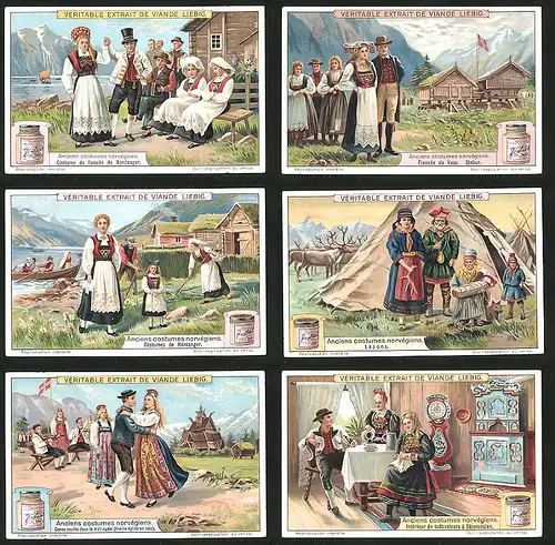 6 Sammelbilder Liebig, Serie Nr.: 1040, Anciens costumes norvegiens, Tracht in Sätersdalen, Hallingdal, Hardanger