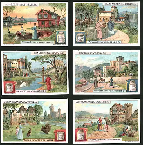 6 Sammelbilder Liebig, Serie Nr.: 1064, Villas Anciennes Et Modernes, Villa in Syracuse, Tibur, Lac Mälar, Rhein Villa