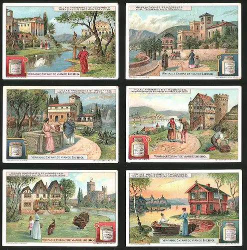 6 Sammelbilder Liebig, Serie Nr.: 1064, Villas Anciennes Et Modernes, Villa am Lac Mälar, Rhein, Tibur, Cote d'Azur