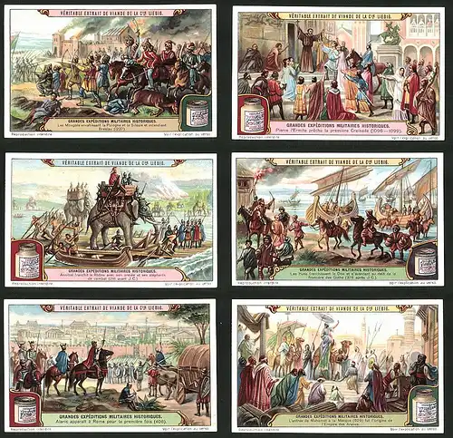 6 Sammelbilder Liebig, Serie Nr.: 1162, Grandes Expeditions Militaires Historiques, Hunnen, Gothen, Mongolen