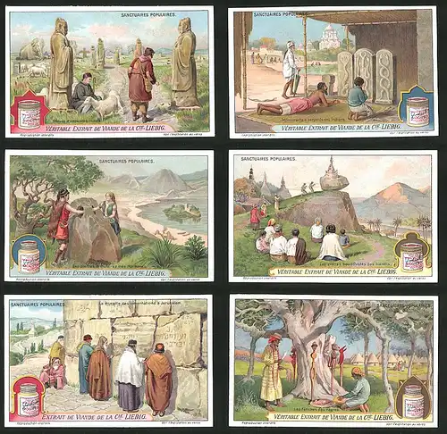 6 Sammelbilder Liebig, Serie Nr.: 1161, Sancutaires Populaires, Juden an der Klagemauer, Buddhisten in Siam, China
