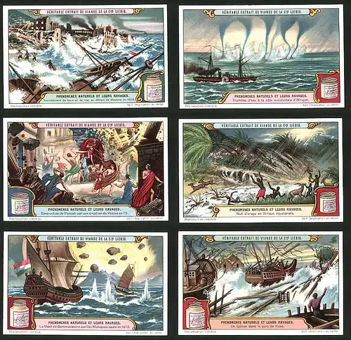 6 Sammelbilder Liebig, Serie Nr.: 1156, Phenomenes Naturels et Leurs Ravages, Taifun in Kobe, Vesuv Ausbruch, Windhosen