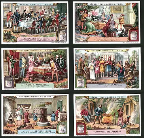 6 Sammelbilder Liebig, Serie Nr.: 1155, Histoire De L'Art Culinaire, Griechen, Römer, Engländer, Franzosen