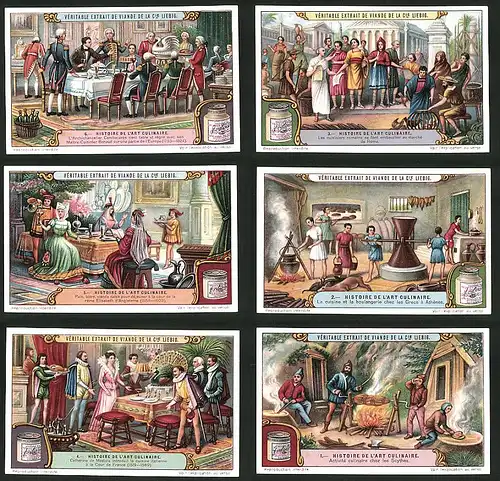 6 Sammelbilder Liebig, Serie Nr.: 1155, Histoire De L'Art Culinaire, Italien, Griechenland, England, Rom