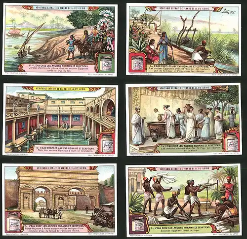 6 Sammelbilder Liebig, Serie Nr.: 1154, L'Eau Chez Les Anciens Romains et Egyptiens, Sklaven, Badeanstalt, Wassersystem