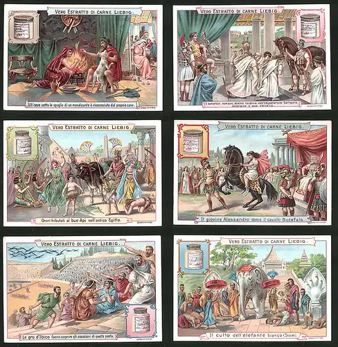 6 Sammelbilder Liebig, Serie Nr.: 757, Szenen in der Antike, Römischer Kaiser Caligola, Elefant in Siam