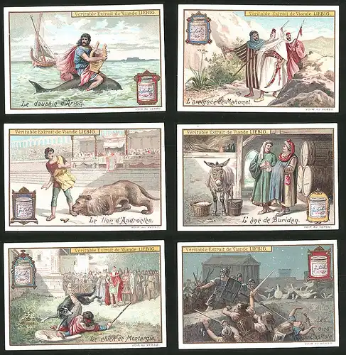 6 Sammelbilder Liebig, Serie Nr.: 756, Tiergeschichten der Antike, Dauphin d'Arion, L'ane de Buridan, Lion d'Androcles