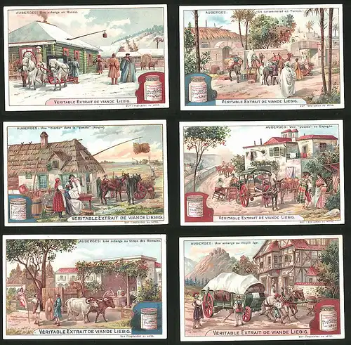 6 Sammelbilder Liebig, Serie Nr.: 755, Auberges, Gasthaus in Rumänien, Spanien, Ungarn, Tunesien, Russland