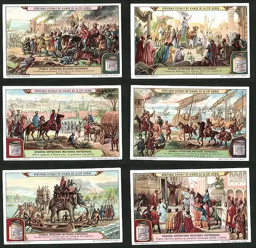 6 Sammelbilder Liebig, Serie Nr.: 1162, Grandes Expeditions Militaires Historiques, Mongolen in Breslau, Alarich vor Rom