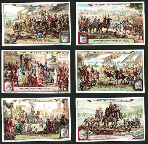 6 Sammelbilder Liebig, Serie Nr.: 1162, Grandes Expeditions Militaires Historiques, Hannibal mit Kampfelefant, Gothen