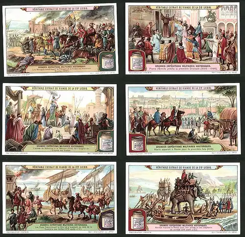 6 Sammelbilder Liebig, Serie Nr.: 1162, Grandes Expeditions Militaires Historiques, Kampfelefant des Hannibal, Gothen