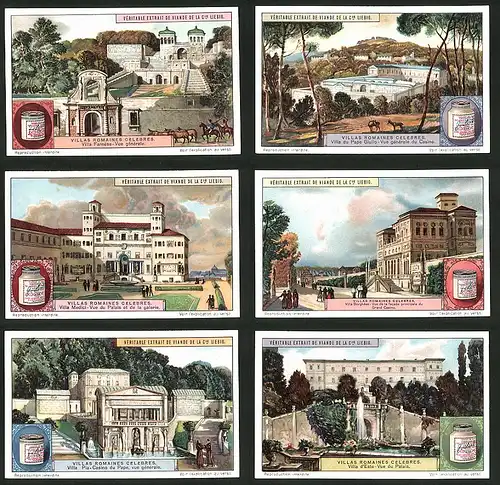 6 Sammelbilder Liebig, Serie Nr.: 1153, Villas Romaines Celebres, Villa d'Este, Vill Medici, Villa Farnese