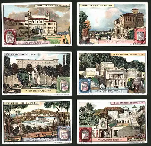 6 Sammelbilder Liebig, Serie Nr.: 1153, Villas Romaines Celebres, Villa du Pape Giulio, Villa Pia, Villa d'Este