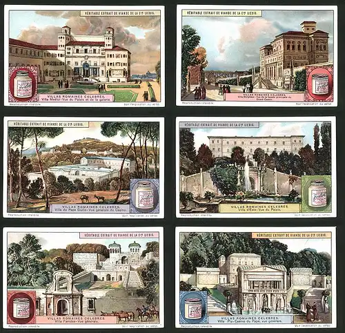 6 Sammelbilder Liebig, Serie Nr.: 1153, Villa Medici, Villa Borghese, Villa du Pape Giulio, Villa Pia