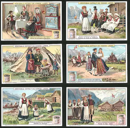 6 Sammelbilder Liebig, Serie Nr.: 1040, Anciens costumes norvegiens, Trachtenpaar in Lappland, Hardanger, Sätersdalen