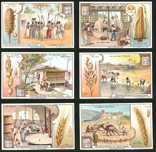 6 Sammelbilder Liebig, Serie Nr.: 781, Les Cereales, Getreideanbau & Verarbeitung in Afrika, Asien & Europa