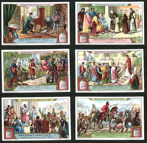 6 Sammelbilder Liebig, Serie Nr.: 1141, Grands Historiens Et Episodes De Leur Vie, Herodot in Athen, Cesar & Senat