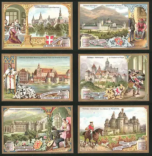 6 Sammelbilder Liebig, Serie Nr.: 808, Chateaux Historiques, Hradschin Prag, Escurial Madrid, Frederiksborg Kopenhagen