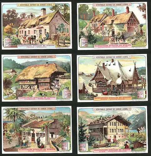 6 Sammelbilder Liebig, Serie Nr.: 807, Habitations Rurales En Europe, Gehöft Schweiz, Russland, Italien, Deutschland