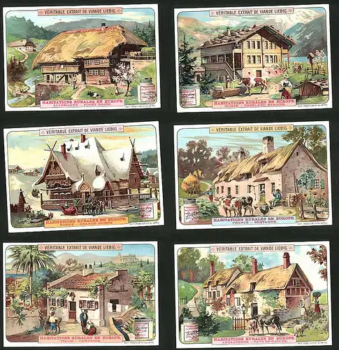 6 Sammelbilder Liebig, Serie Nr.: 807, Habitations Rurales En Europe, Gehöft, Russland, Deutschland, Schweiz, Italien