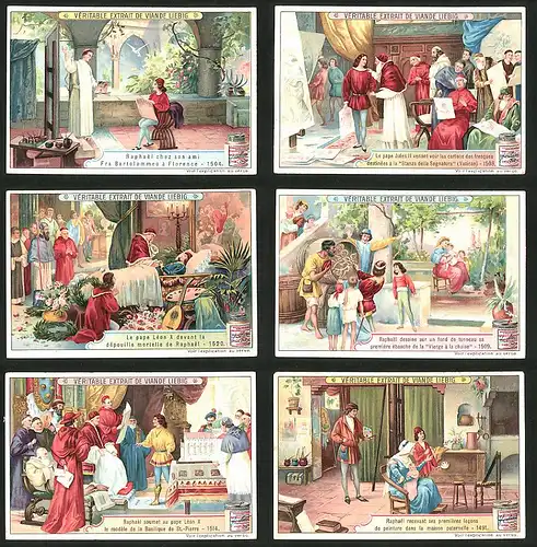 6 Sammelbilder Liebig, Serie Nr.: 836, Szenen aus dem Leben des Künstler's Raphael, Raphael bei Papst Leon X