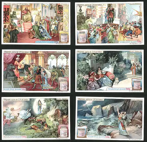 6 Sammelbilder Liebig, Serie Nr.: 829, Oberon, Opera de C.M. de Weber, verschiedene Szenen des berühmten Opernstück's