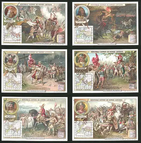 6 Sammelbilder Liebig, Serie Nr.: 824, La Migration des Peuples, Attila der Hunnenkönig, Genseric greift Vandalen an
