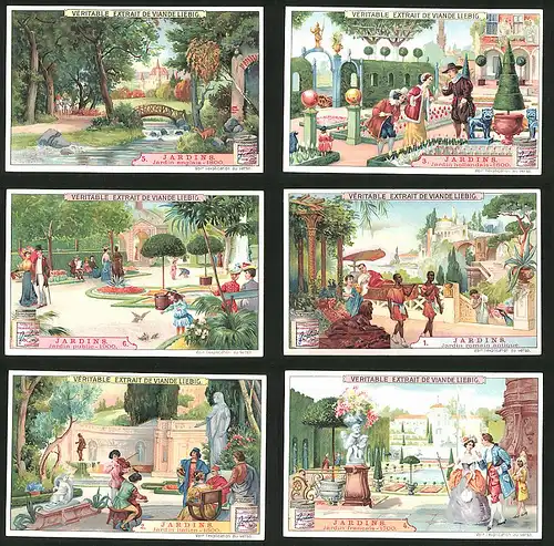 6 Sammelbilder Liebig, Serie Nr.: 852, Jardins, französischer Schlossgarten, italienischer Garten, öffentlicher Park