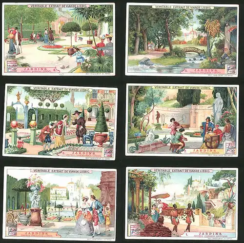 6 Sammelbilder Liebig, Serie Nr.: 852, Jardins, Garten im antiken Rom, englischer Garten, holländischer Garten