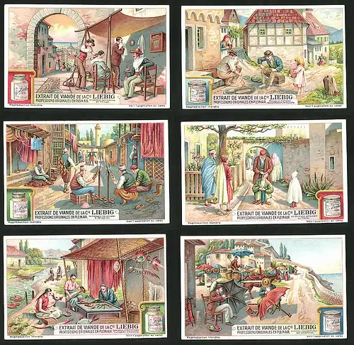 6 Sammelbilder Liebig, Serie Nr.: 1217, Strassen-Handwerker, Zahnarzt, Friseur, Schuhmacher, Kunsthandwerker in Hongkong