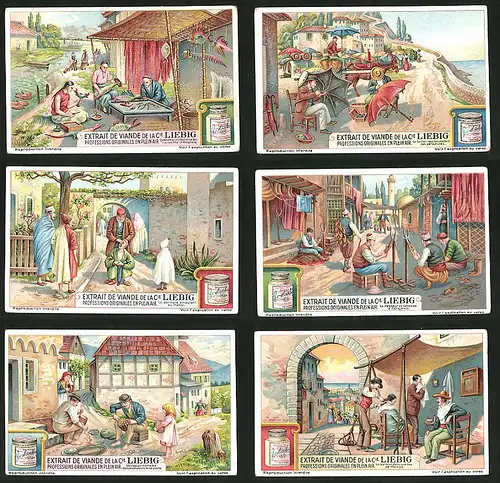 6 Sammelbilder Liebig, Serie Nr.: 1217, Handwerk, Kunsthandwerker in Hongkong, Zahnarzt, Friseur, Schuhmacher