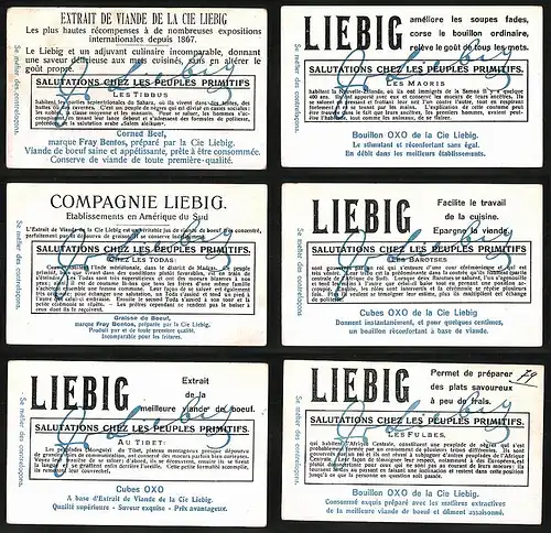6 Sammelbilder Liebig, Serie Nr.: 1182, Salutations Chez Les Peuples Primitifs, Afrikaner, Tibetaner, Indianer
