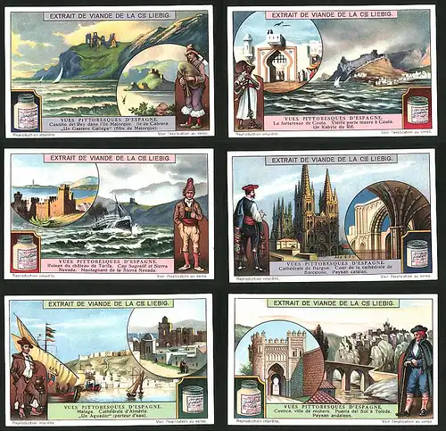 6 Sammelbilder Liebig, Serie Nr.: 1174, Vues Pittoresques D'Espagne, Toledo, Almeria, Barcelona, Sierra Nevada, Cabrera