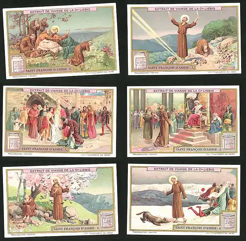 6 Sammelbilder Liebig, Serie Nr.: 1183, Saint Francois D'Assise, Heiliger im Gebet, eiliger wird erleuchtet, Audienz