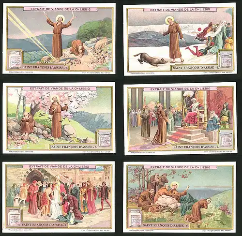 6 Sammelbilder Liebig, Serie Nr.: 1183, Saint Francois D'Assise, Heiliger Mönch im Gebet, Audienz, Erleuchtung