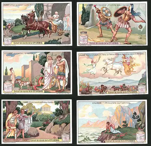 6 Sammelbilder Liebig, Serie Nr.: 1196, L'Iliade, Griechische Helden & Götter, Achilles, Hera, Athena, Apollo