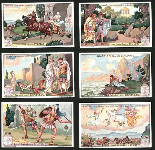 6 Sammelbilder Liebig, Serie Nr.: 1196, L'Iliade, Griechische Götter & Helden, Apollo, Hera, Athena, Achilles