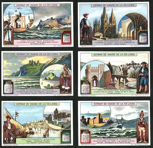 6 Sammelbilder Liebig, Serie Nr.: 1174, Vues Pittoresques D'Espagne, Cap Sagratif et Sierra Nevada, Malaga, Toledo