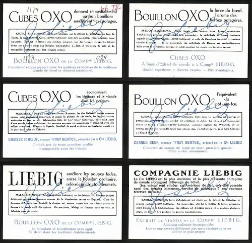 6 Sammelbilder Liebig, Serie Nr.: 1174, Vues Pittoresques D'Espagne, Cap Sagratif et Sierra Nevada, Malaga, Toledo