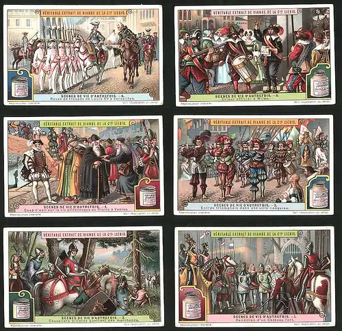 6 Sammelbilder Liebig, Serie Nr.: 1187, Scenes De Vie D'Autrefois, Feier der spanischen Eroberer, Ausrufer in Mailand