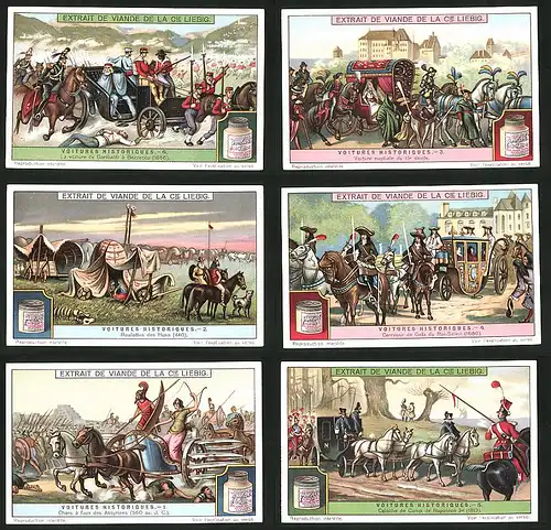 6 Sammelbilder Liebig, Serie Nr.: 1186, Voitures Historiques, historische Kutschen, Napoleon, Hunnen, Garibaldi