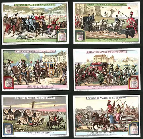 6 Sammelbilder Liebig, Serie Nr.: 1186, Voitures Historiques, historische Kutsche von Napoleon, Garibaldi, Hunnen u.a.