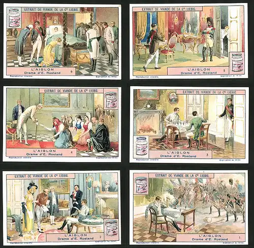 6 Sammelbilder Liebig, Serie Nr.: 1188, L'Aiglon, Drame d'E. Rostand, Szenen aus dem Leben des Napoleon II.