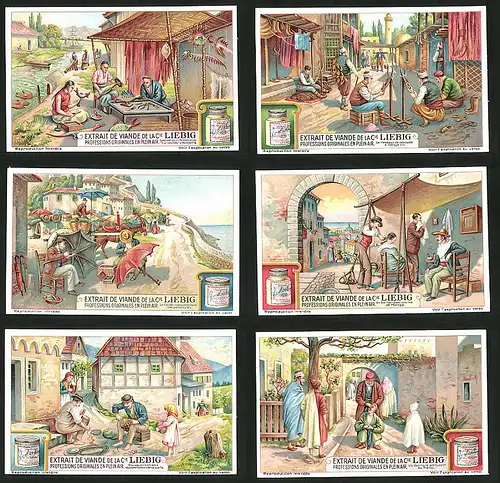 6 Sammelbilder Liebig, Serie Nr.: 1217, Professions Originales En Plein Air, Zahnarzt, Friseur, Schuhmacher